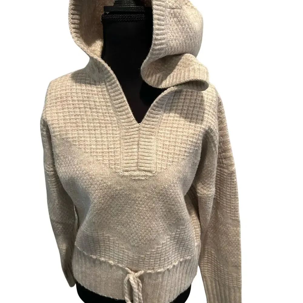 Flag & Anthem Womens S Cream Waffle Knit Sweater Hoodie Pullover Soft Cozy EUC